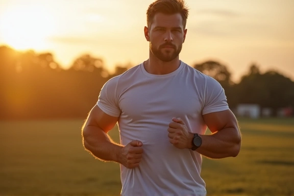 A man engaged in a fitness activity outdoors, showcasing vitality and strength, with natural light.