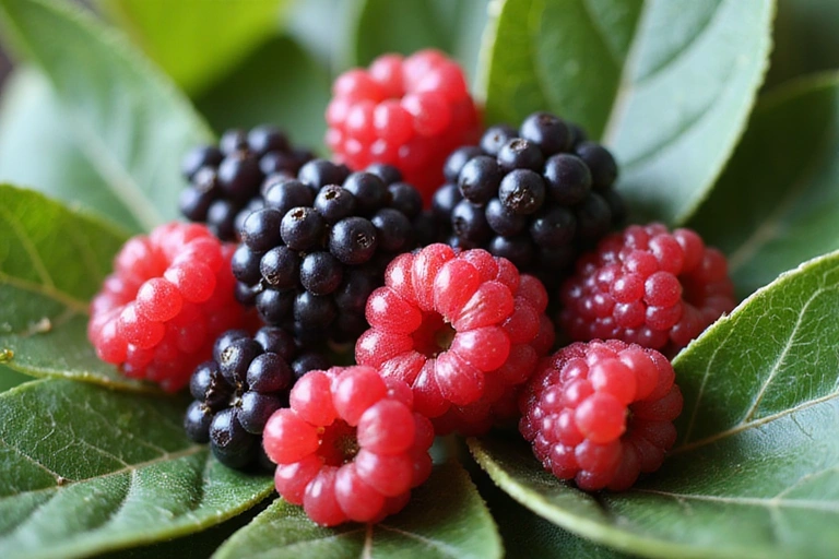 Various berries and green tea leaves, representing potent natural antioxidants beneficial for anti-aging skincare.