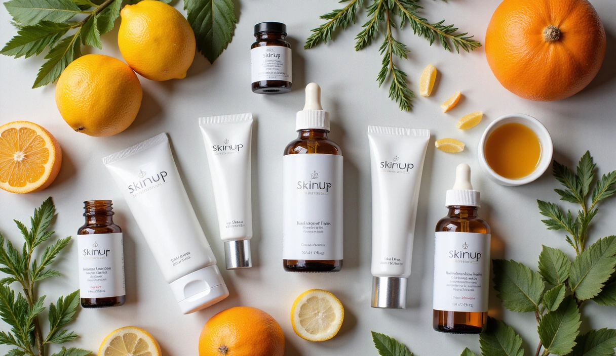 Aesthetic arrangement of various SkinUp products including skincare bottles, vitamin supplements, and natural ingredients.